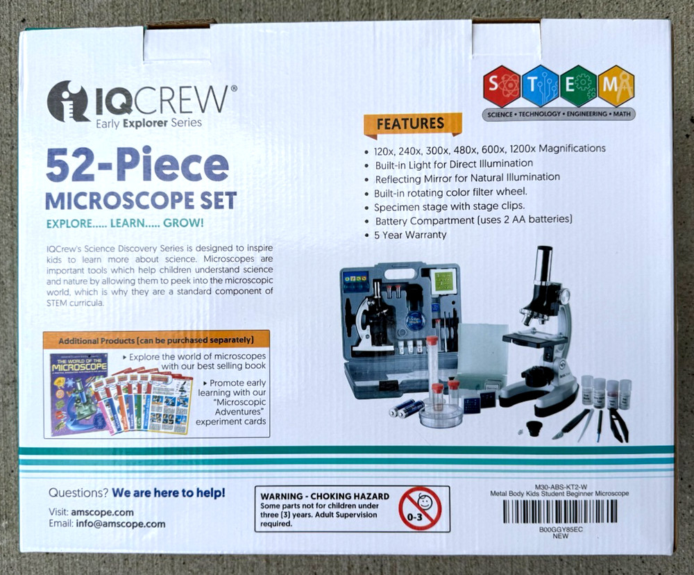 IQCrew 52-Piece Microscope Set with Durable Metal Framework for Students STEM