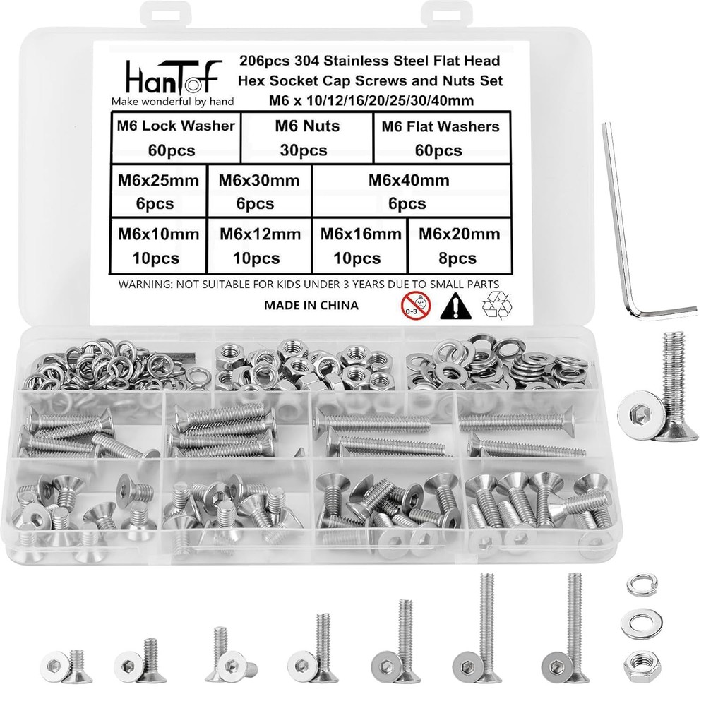 M3 M4 M5 M6 Flat Head Hex Socket Cap Screws Bolts Nuts & Washers Assortment Kit