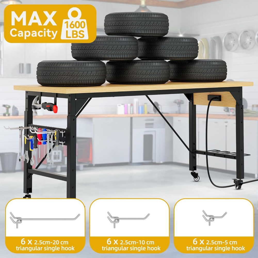 60" Adjustable Workbench on Wheels, Garage Tool Work Bench with Outlets & Wheels