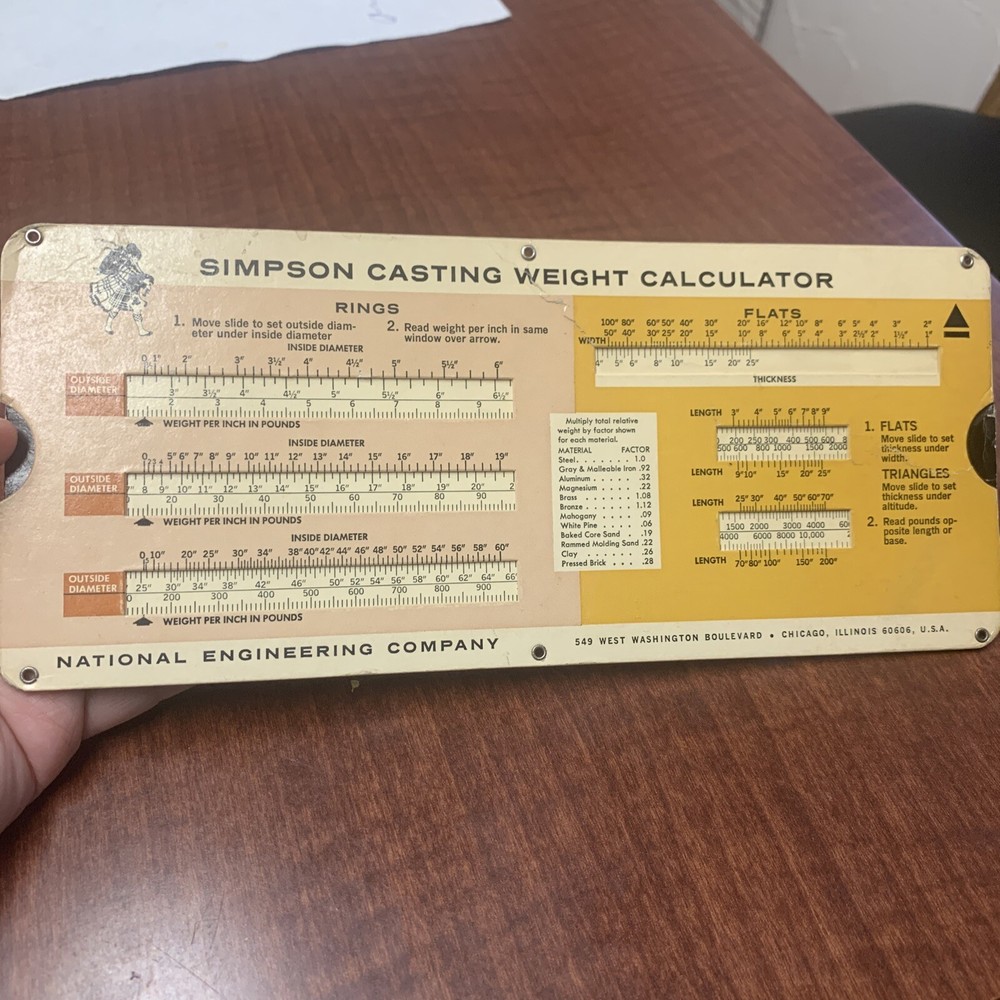 VINTAGE 1966 SIMPSON CASTING WEIGHT SLIDE CHART CALCULATOR Used