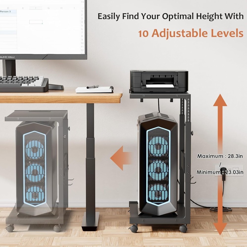 Computer Tower Stand - Adjustable PC Tower Stand CPU Holder Cart with Charging