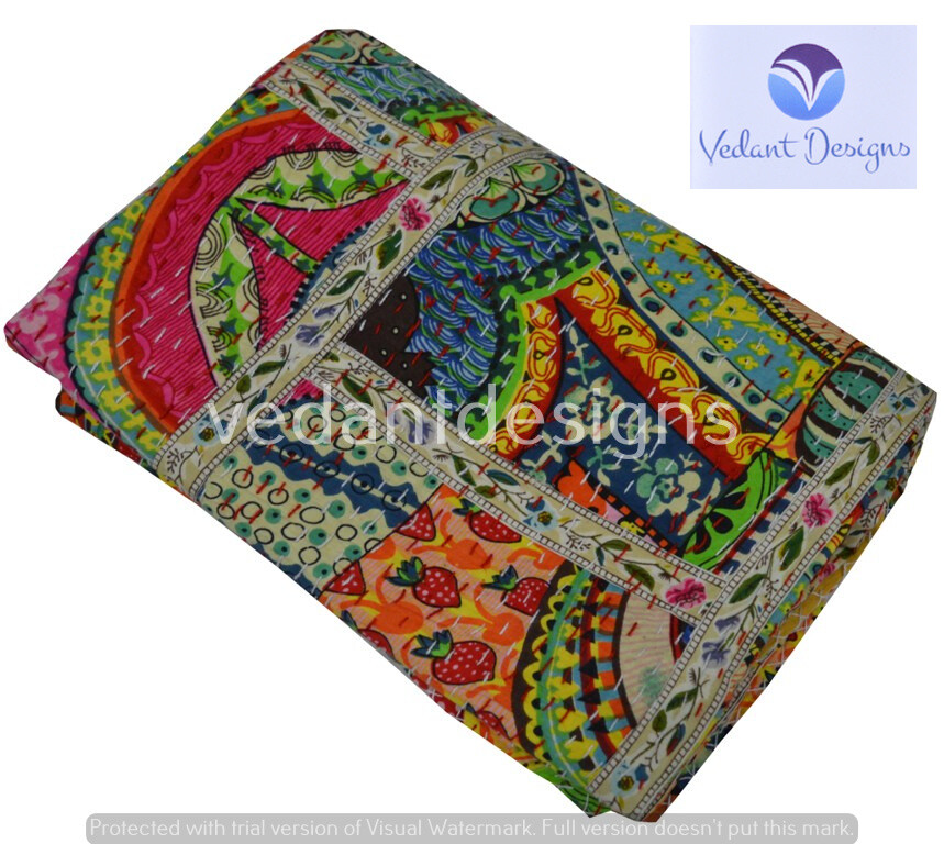 Reversible Patchwork Kantha Quilt Multicolor Single Blanket Bohemian Bed Runner