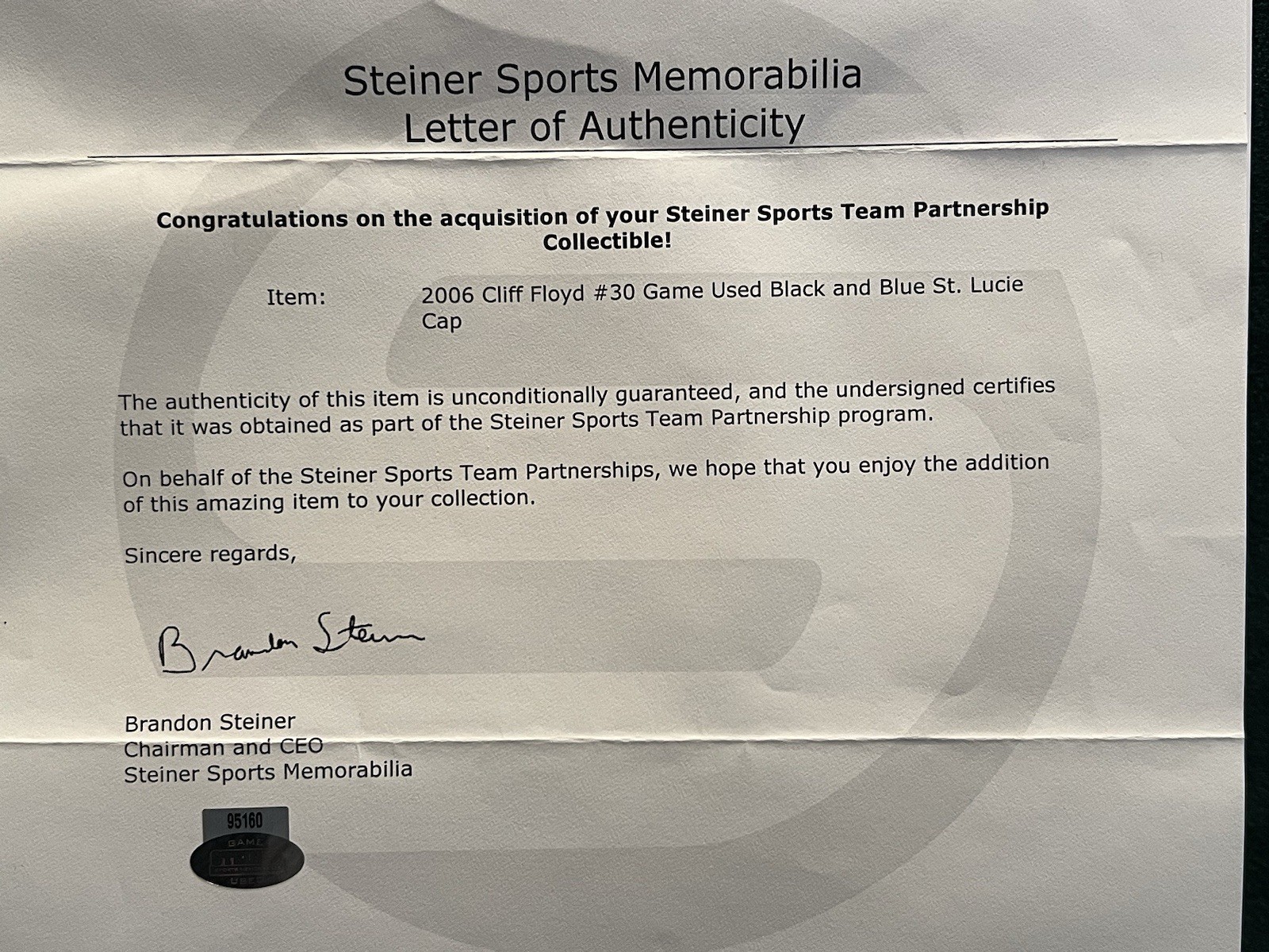 CLIFF FLOYD Game Used Hat/Cap ST LUCIE METS : 2006 Rehab NY Mets STEINER LOA