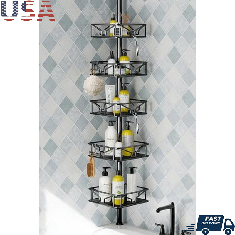 5 Tier Adjustable Corner Shower Caddy Organizer W/ Hooks Rustproof Tension Pole