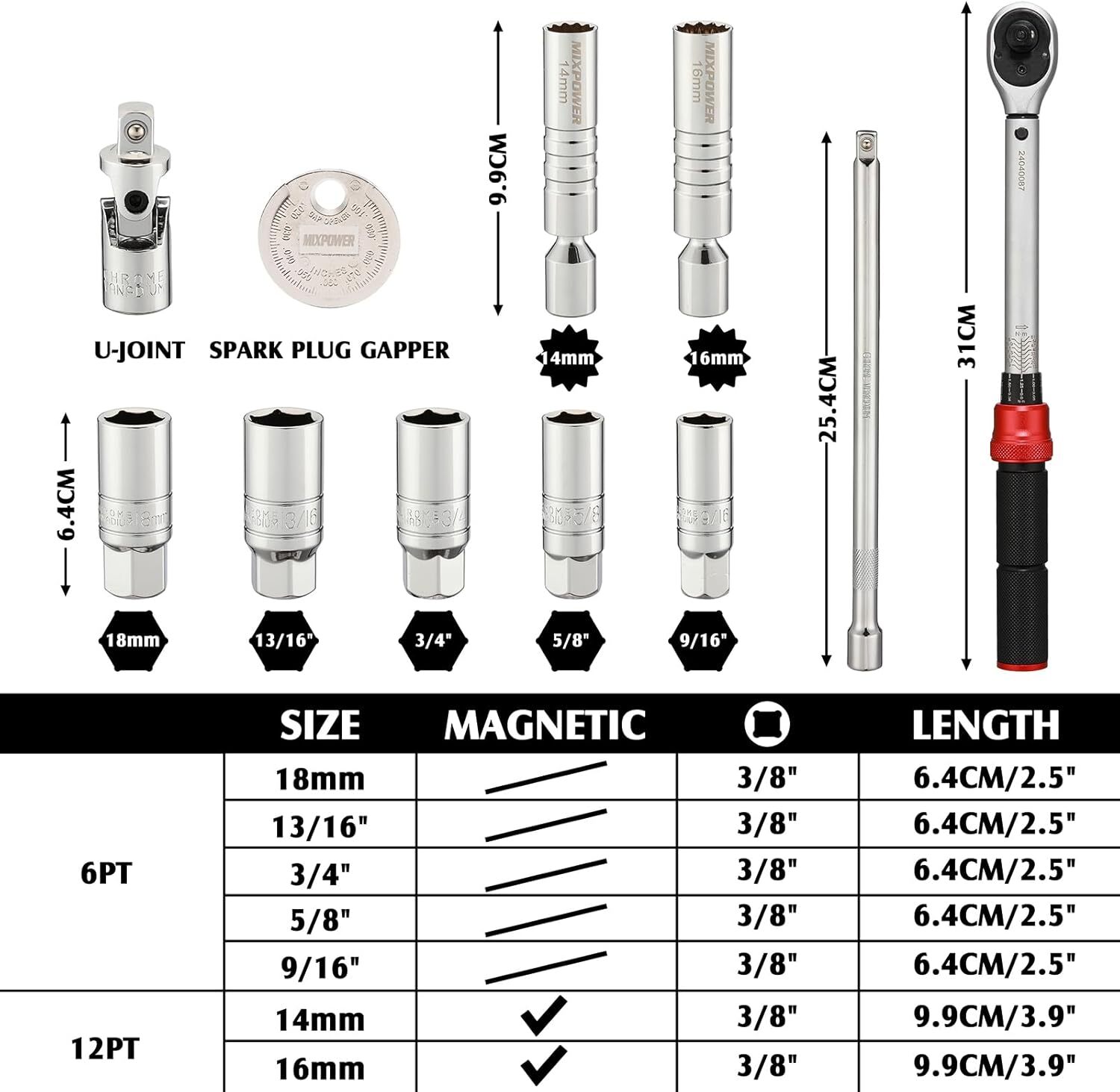 11PCS 3/8" Drive Magnetic Spark Plug Socket Set with Torque Wrench 6 & 12 Point