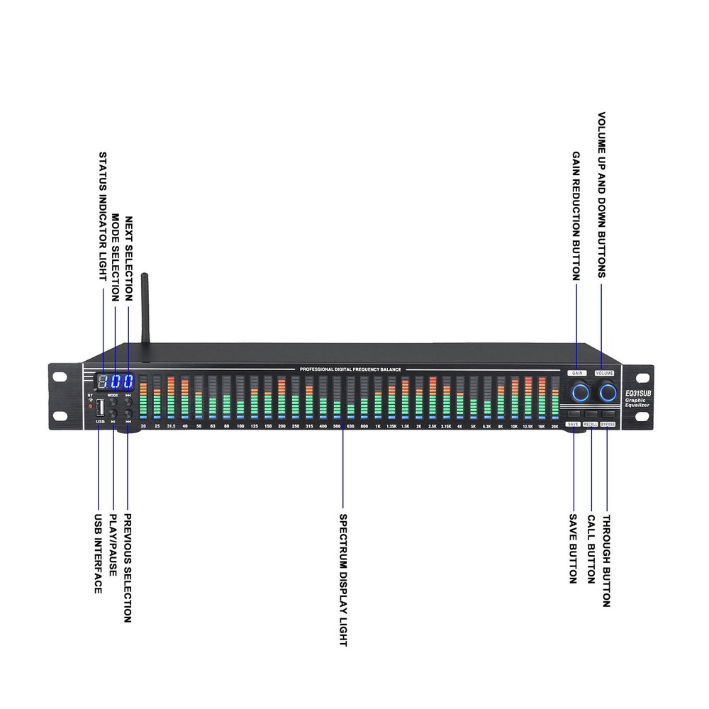EQ31SUB Digital Equalizer 31-Stage Tuner Stage Noise Reduction Audio Processor