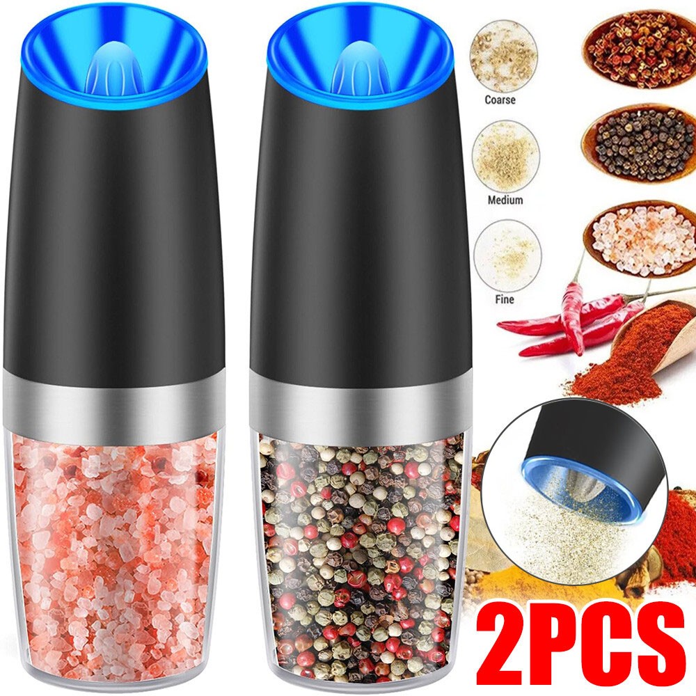 2 Pack Gravity Electric Salt and Pepper Grinder Mill Shaker Adjustable Automatic