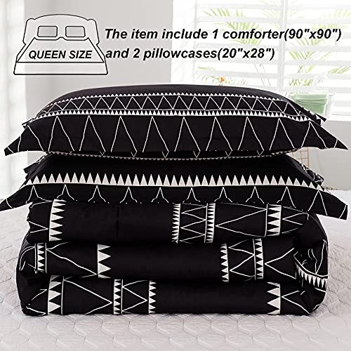 Comforter Set Reversible Boho Triangle Striped Down Alternative Queen Black