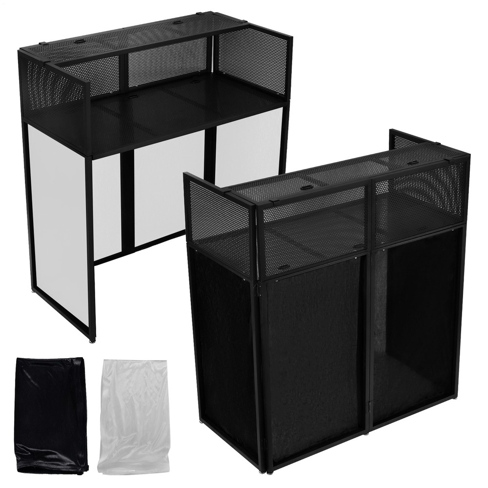 DJ Facade Booth Table Panel Black Metal Frame Foldable White & Black Cloth