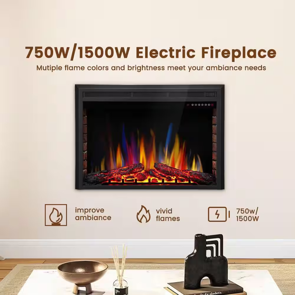 39 In. Ventless Electric Fireplace Insert, Remote Control, Adjustable Led Flame