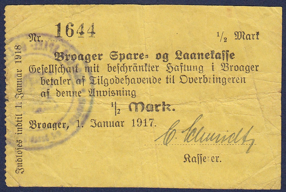 1917 DENMARK BROAGER 1/2 MARK