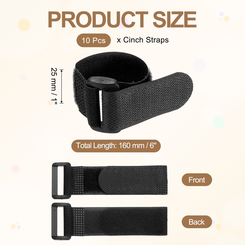 10pcs Reusable Cinch Straps 1"x6" Hook and Loop Cable Securing Straps, Black