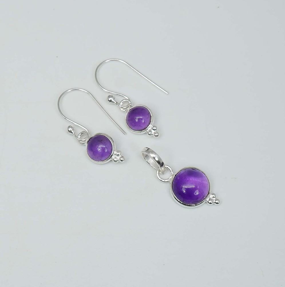 925 Solid Sterling Silver Purple Amethyst Hook Earring Pendant Set