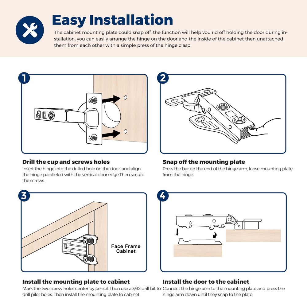 2 Pack Concealed Hinges, Kitchen Cabinet Soft Close, Full Overlay, Silver