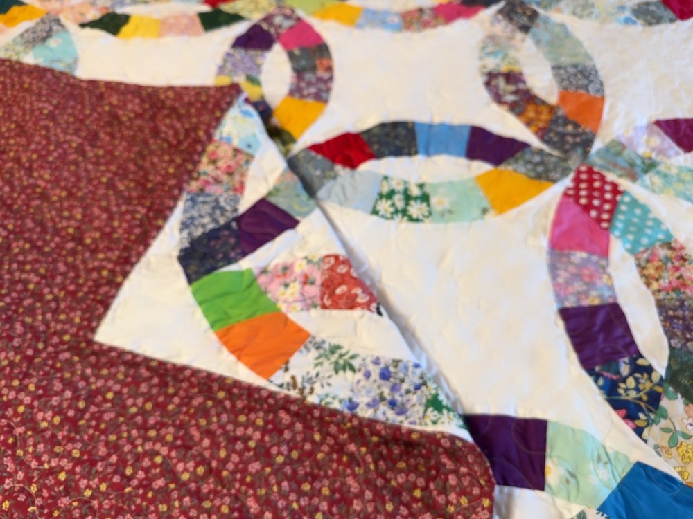 Double wedding Ring king machine pieced &quilted quilt#3-27A