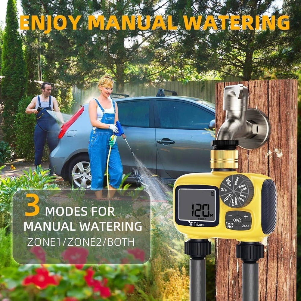 2 Zone Sprinkler Timer Outdoor w/ Brass Swivel Water Timer Automatic Controller