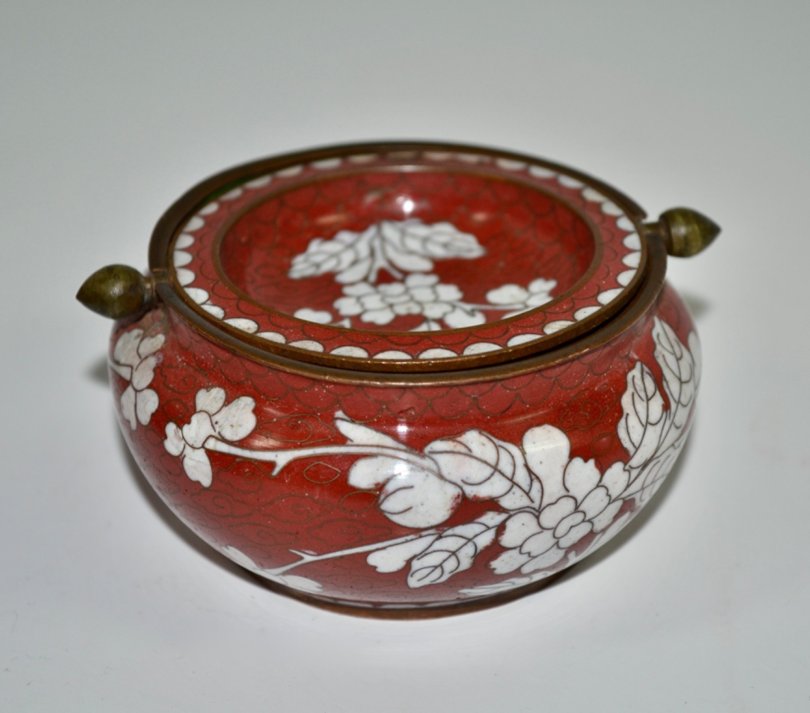 Vintage Chinese Export Red/White/Green Cloisonné Incense Burner Tray Flip Top
