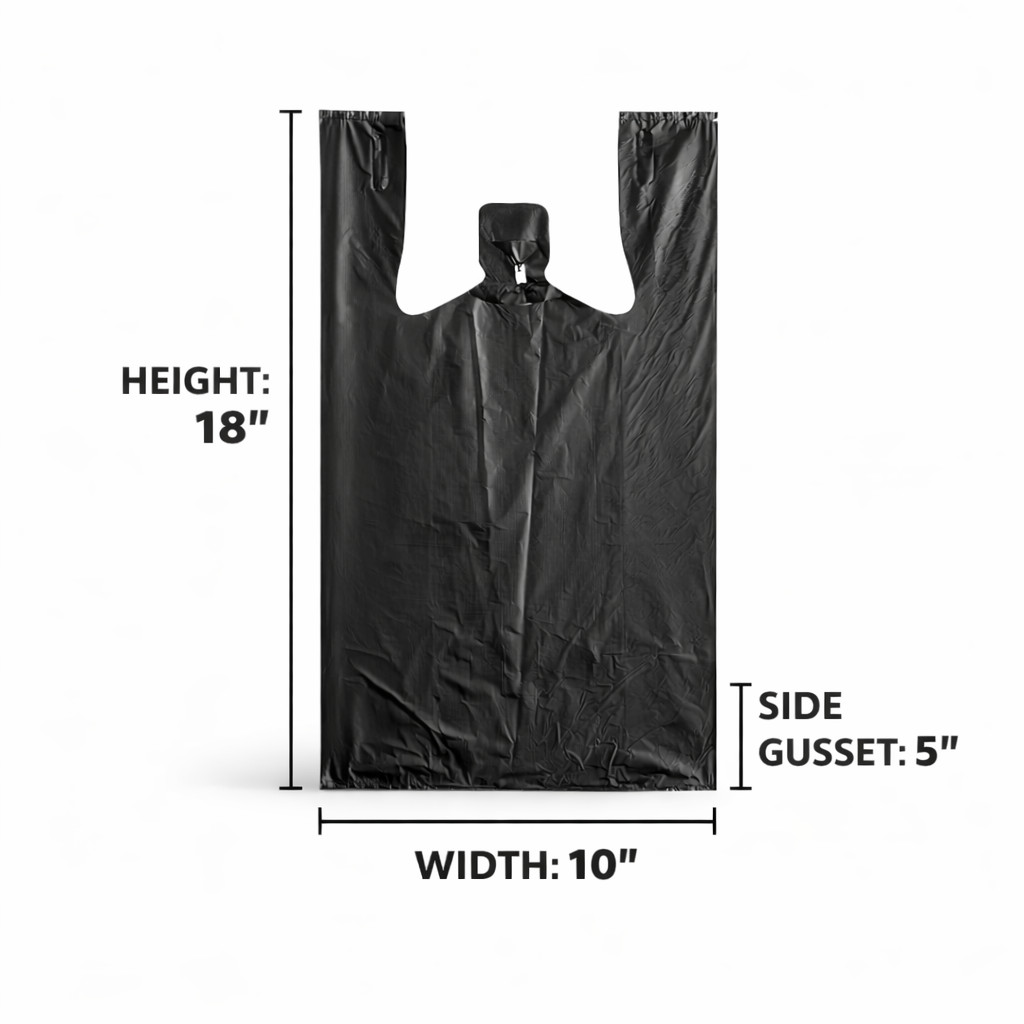 Black T-Shirt Bags 10x5x18 0.63 Mil Medium Duty Plastic Grocery Retail Bags Bulk