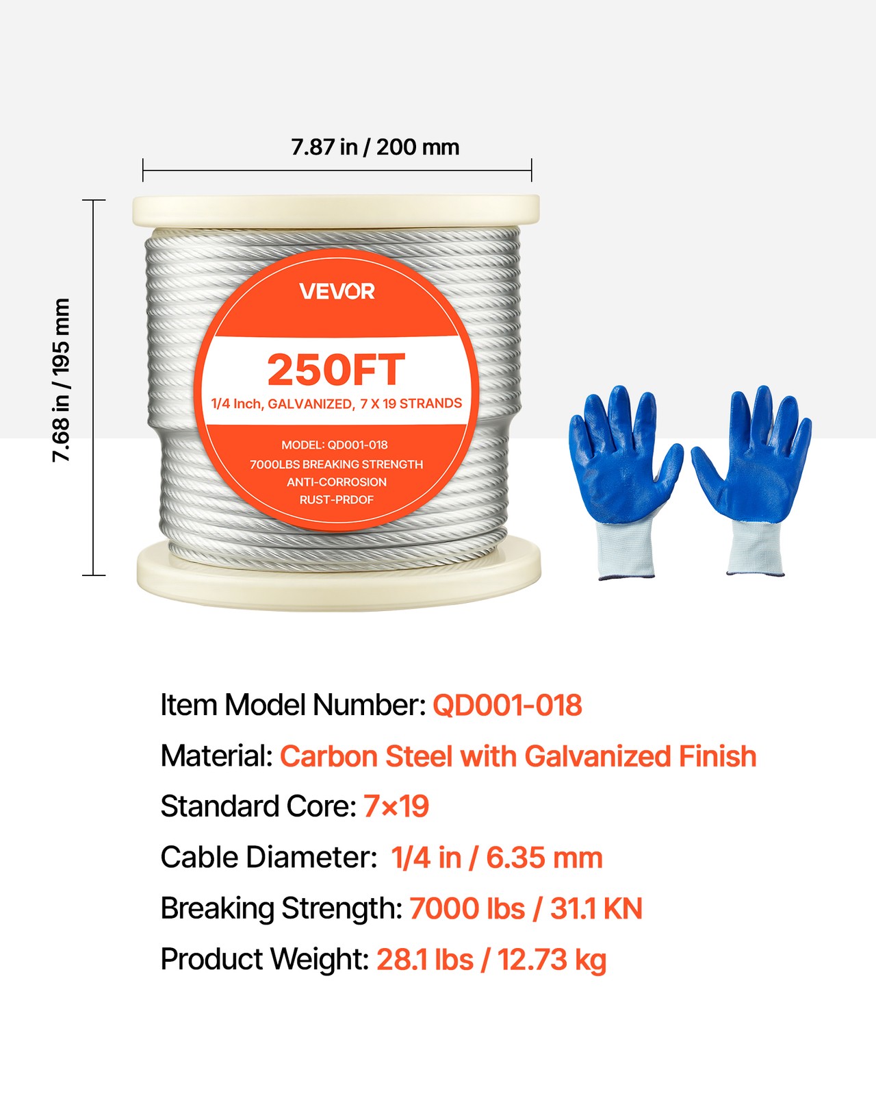 VEVOR Galvanized Carbon Steel Cable 1/4 in 7 x 19 Wire Rope 250 ft Cable Railing