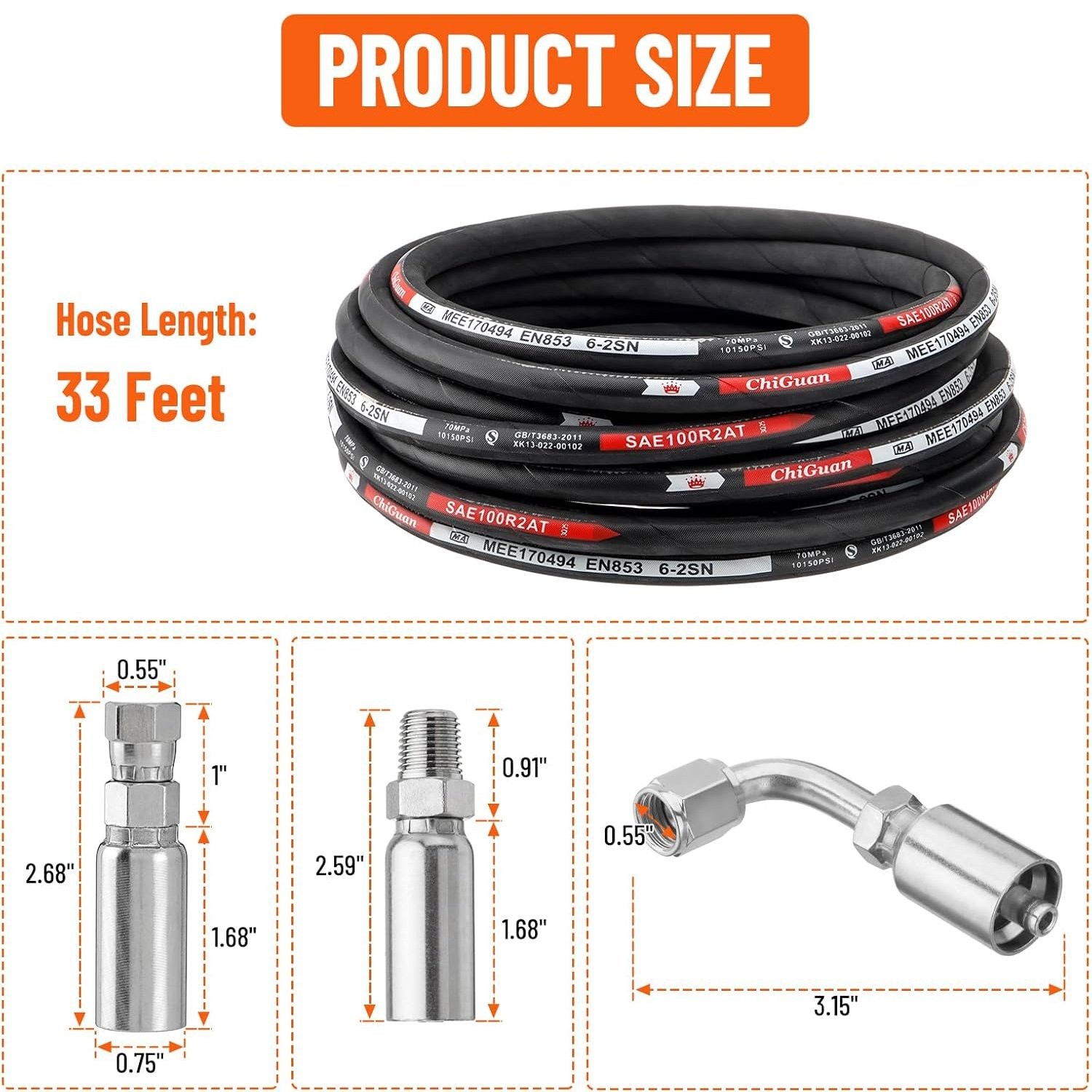 Hydraulic Hose Kit 33FT Hose + Straight & 90° 1/4" JIC & 1/4" NPTF Male Fittings