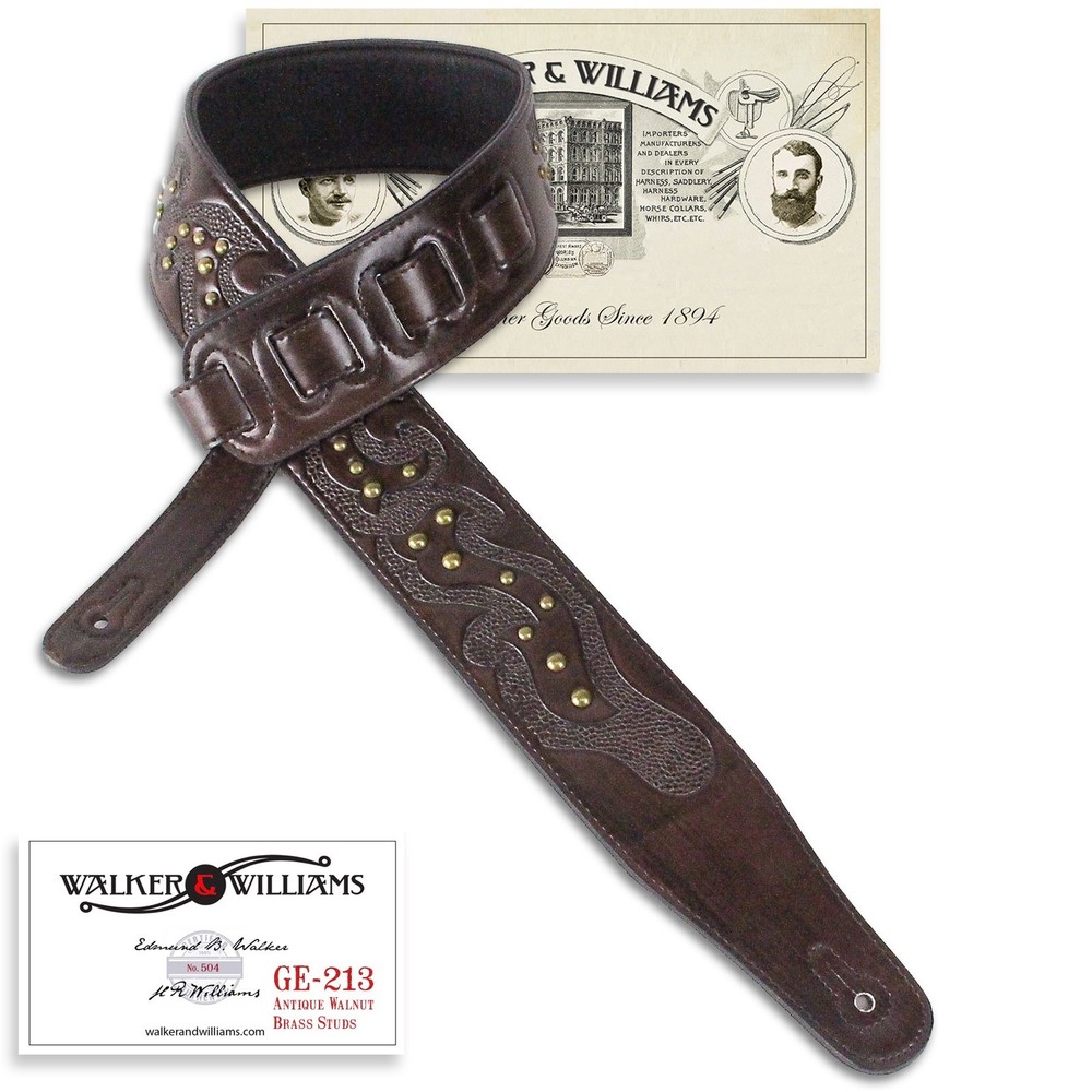 Walker & Williams GE-213 Antique Walnut Strap with Tooling & Nailhead Studs