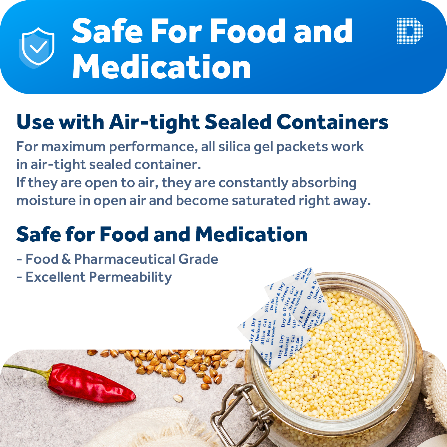1 gram X 50 PK "Dry&Dry"Silica Gel Desiccant Packets - Reusable(FDA Compliant)