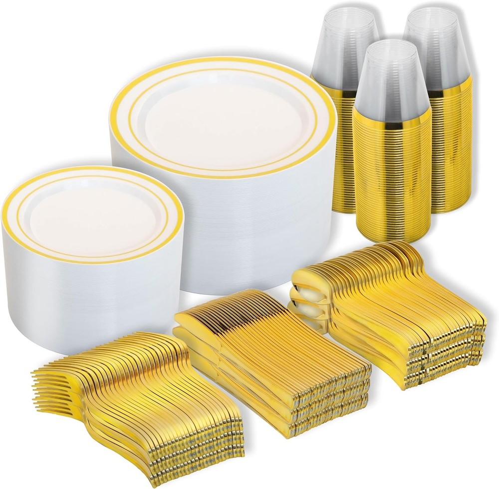 Disposable Plastic Plates, Gold Plastic Dinnerware Set Includes 100
