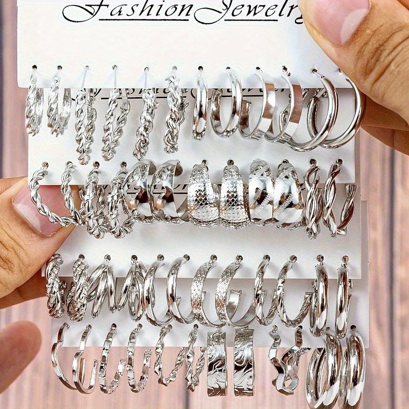 48Pcs Fashion Hoop Shaped Earring Set Silvery Pendant Ear Studs Zinc Alloy