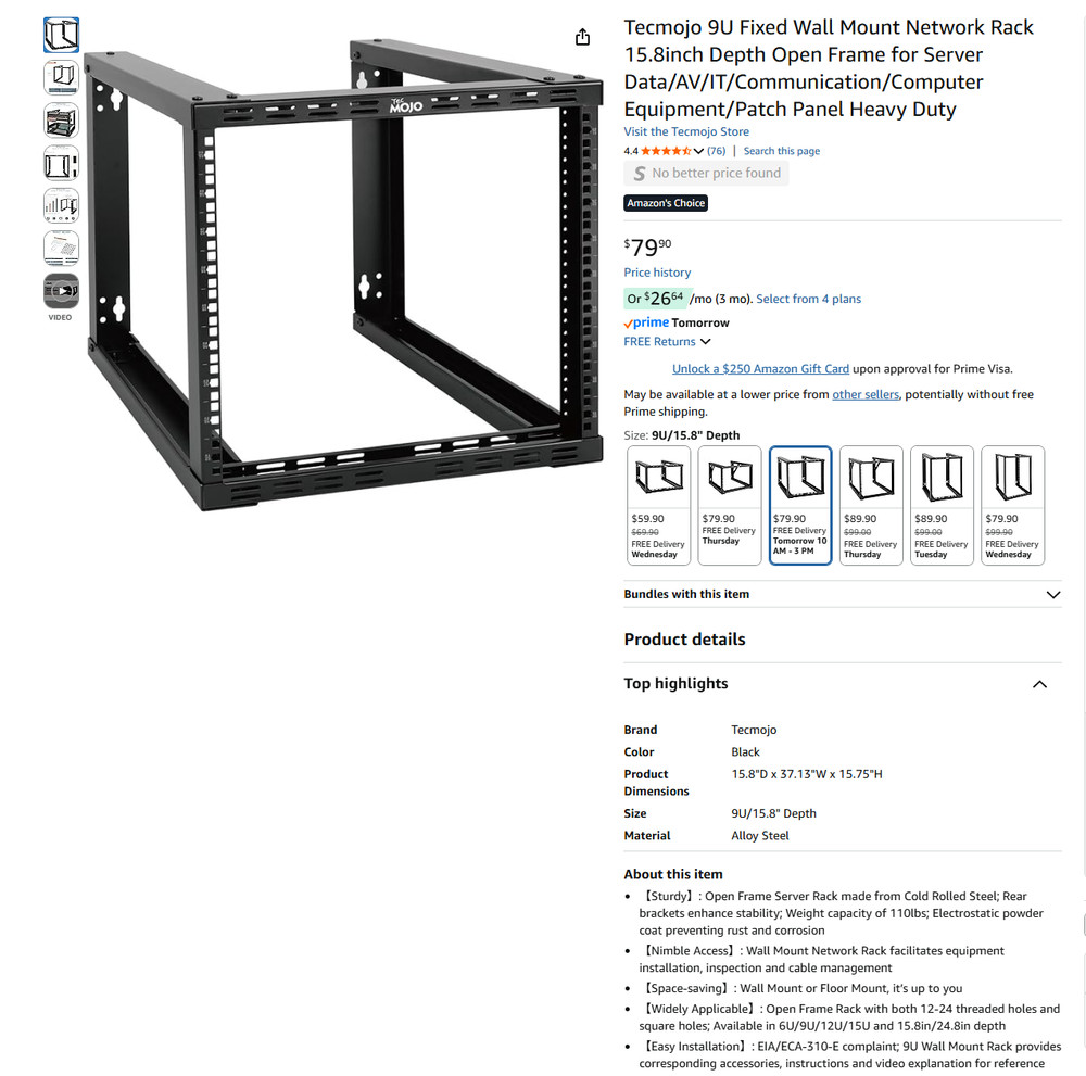 Tecmojo 9U Fixed Wall Mount Network Rack 15.8inch Depth Open Frame#1222TR1