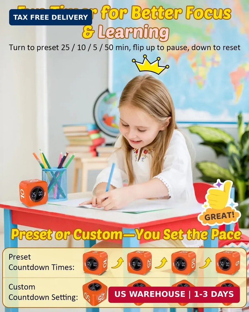 Digital Pomodoro Timer Cube 5/10/25/50min, Visual Productivity Flip Timer for Ki