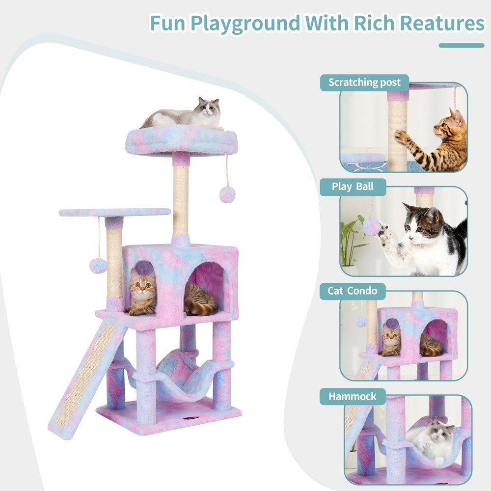 Rainbow Cat Tree Tower with Scratching Post, Hammock & Hanging Ball