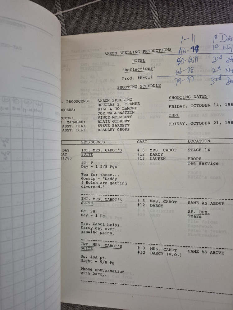 Hotel Reflections Television Series Script Call Sheet Shooting Schedule 1983