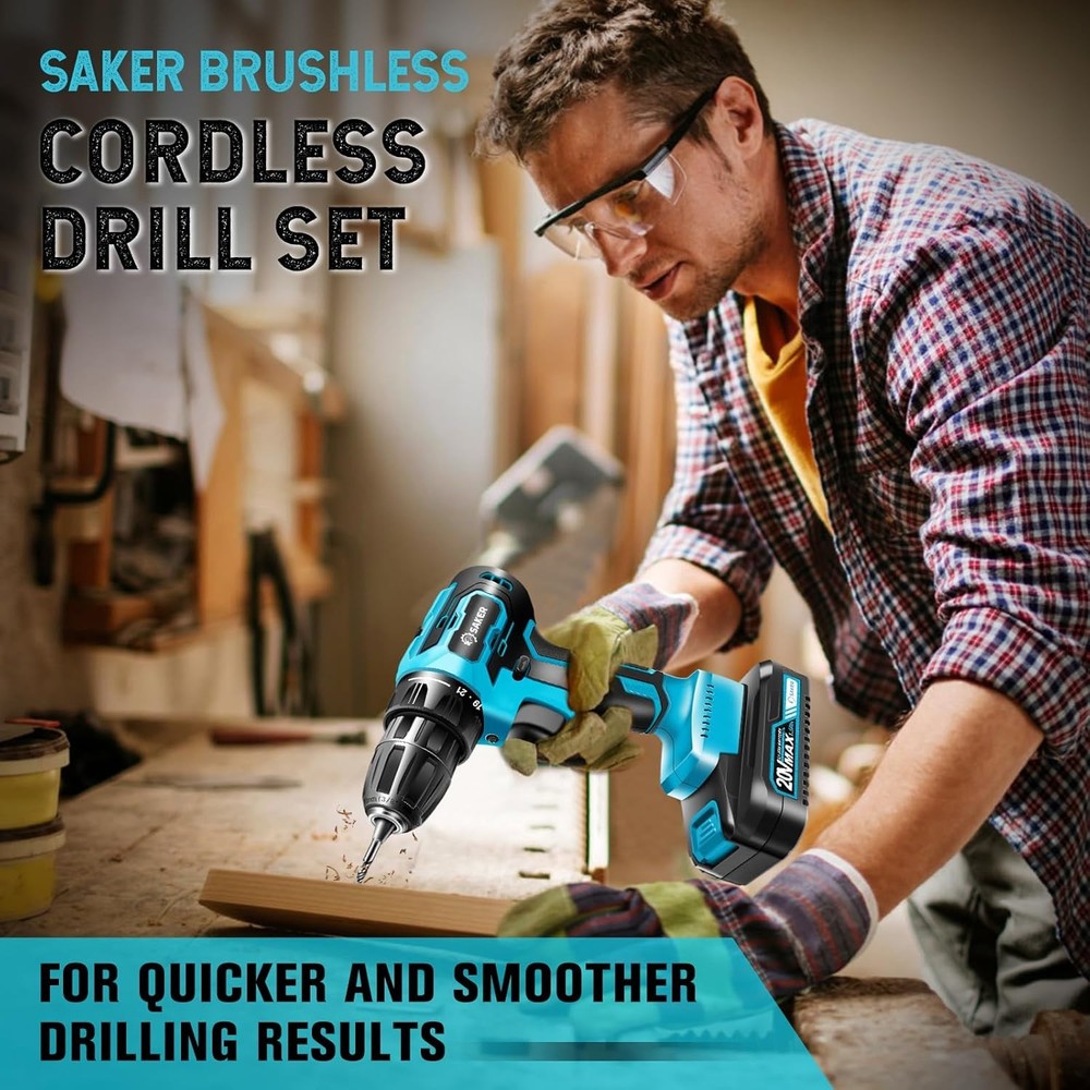 Saker Cordless Electric Drill Set High Performance 2 Variable Speeds 20V K2