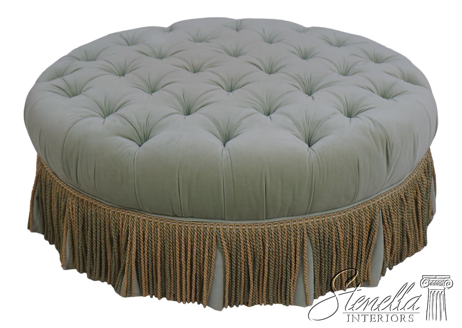71656: BAKER Round Green Velvet Style Upholstered Ottoman