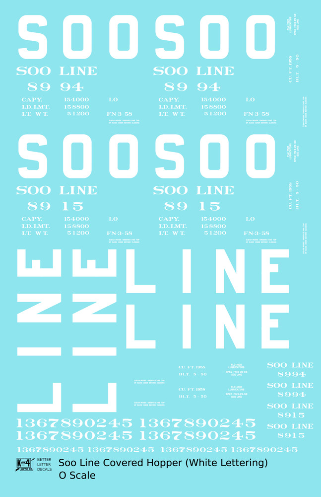 K4 O Scale Decals Soo Line Covered Hopper White