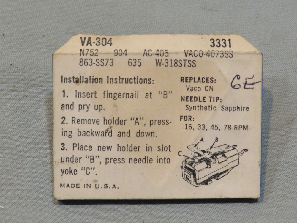 NOS Electro-Voice VA-304 3331 Replacement Phonograph Needle, Vaco CN