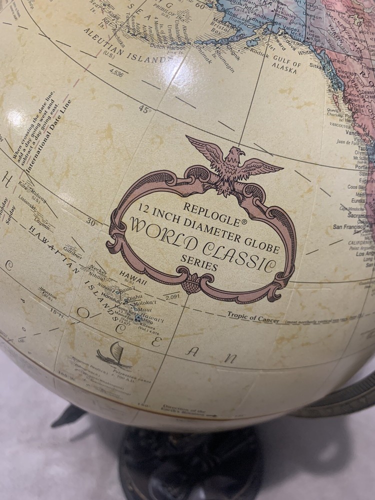 Replogle 12" Globe Eagle Tabletop Brass Tone Resin Eagle Base Globe Vintage