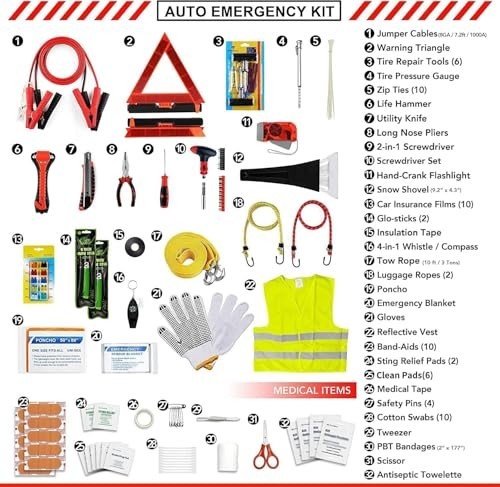 Emergency Car Kit - Roadside Assistance Essentials, Jumper Cables, Flashlight, S