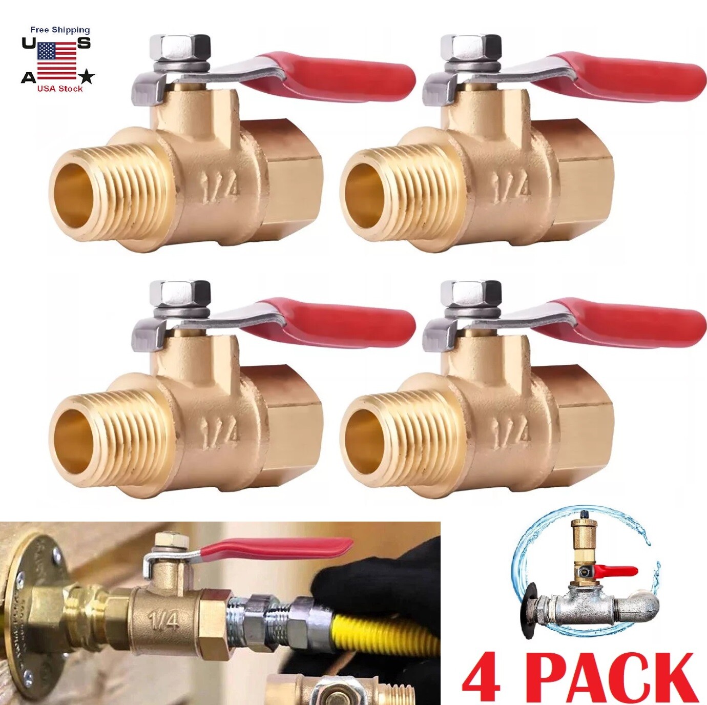 4 Pack 1/4" Male Female NPT Brass Ball Valve Water Air Tank Drain Shut Off USA