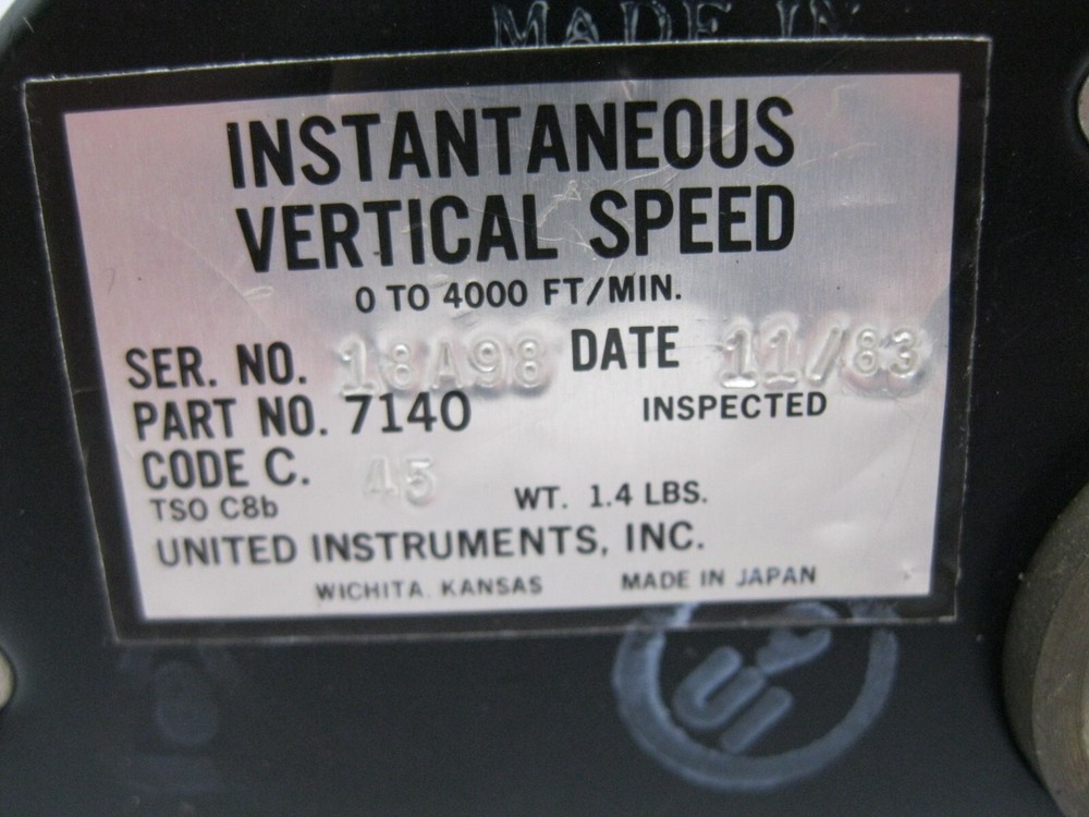 UNITED INSTRUMENTS INSTANTANEOUS VERTICAL SPEED INDICATOR PN: 7140