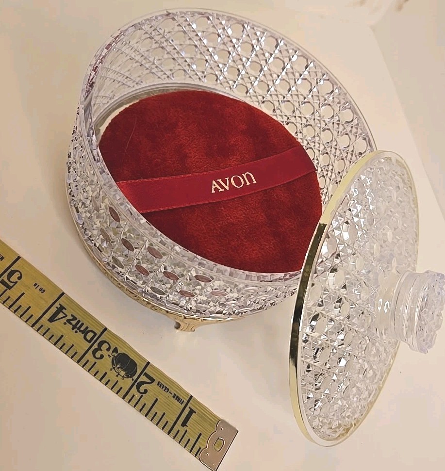 Vintage Avon Powder Box Hollywood Regency Cut Crystal Plastic w Red Puff Vanity