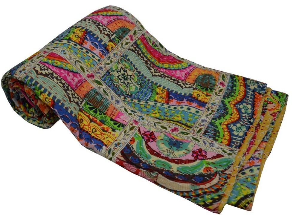 Reversible Patchwork Kantha Quilt Multicolor Single Blanket Bohemian Bed Runner