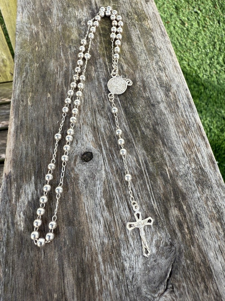 Vintage Plain Bead Rosary Real 925 Sterling Rosario