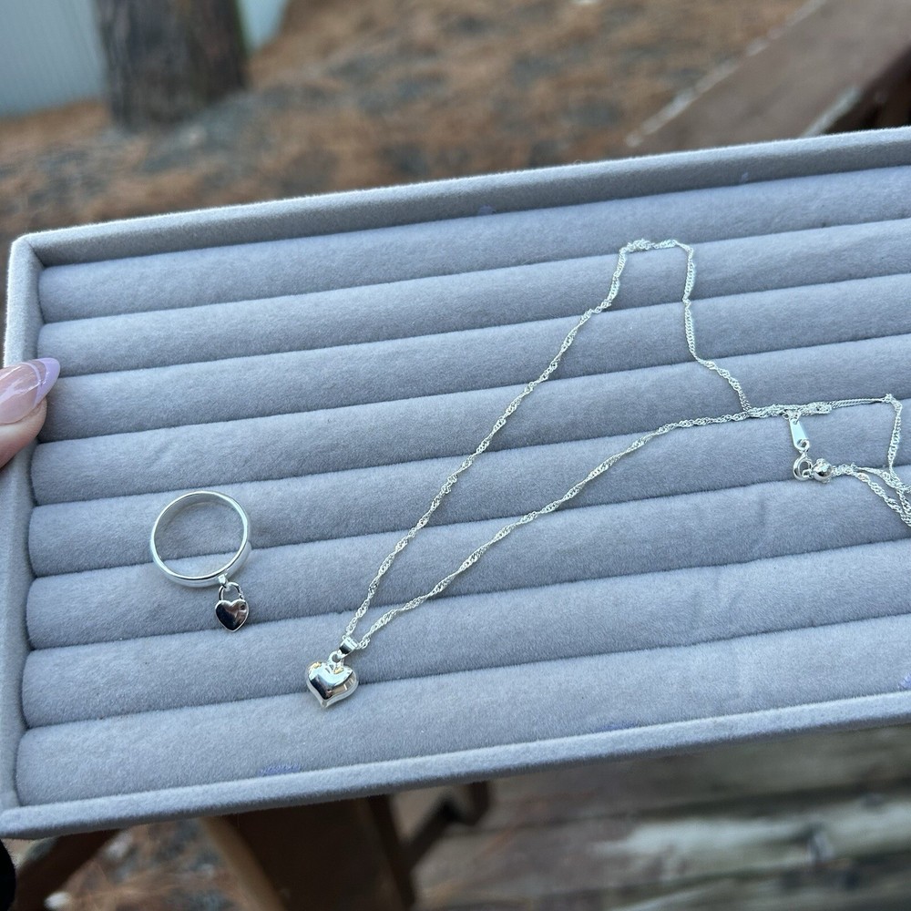 Dangle Heart Ring SIZE 6 & Matching Necklace 925 Solid Sterling Silver Gift Set