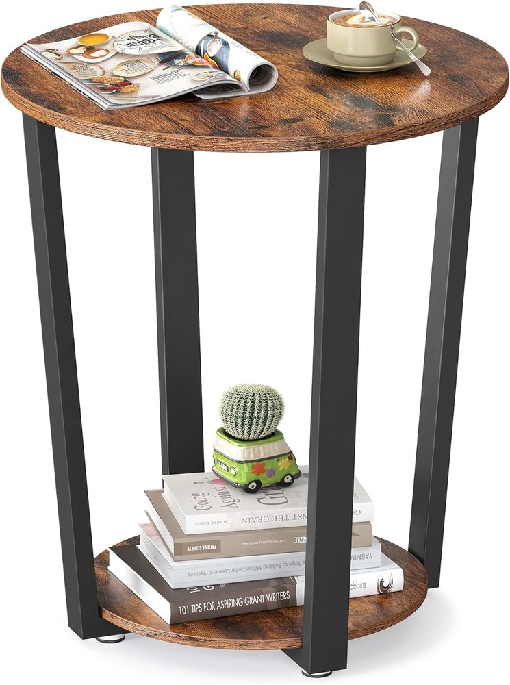 Round Side End Table 2-Tier Accent Bedside Table W/ Storage Shelf Easy Assembly