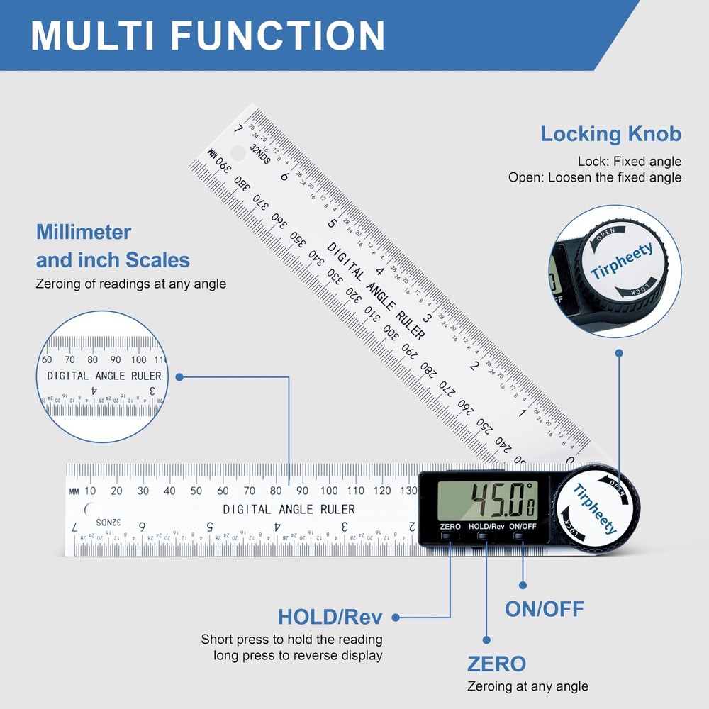 Tirpheety Digital Angle Finder Protractor, 3rd Generation Quick 7inch, White