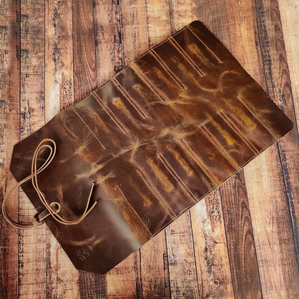 Leather Tool Roll Pouch – 12 Pocket Compact Wrench & Chisel Organizer