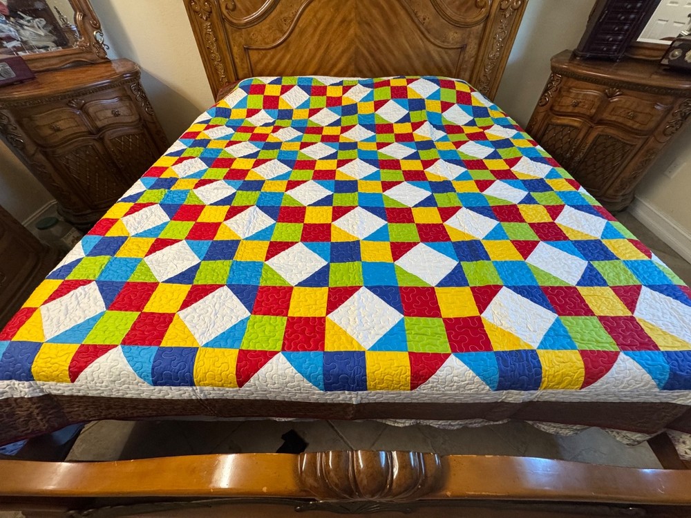 Queen Size  Machine Pieced And quilted Single wedding Ring  Patchwork Quilt#32