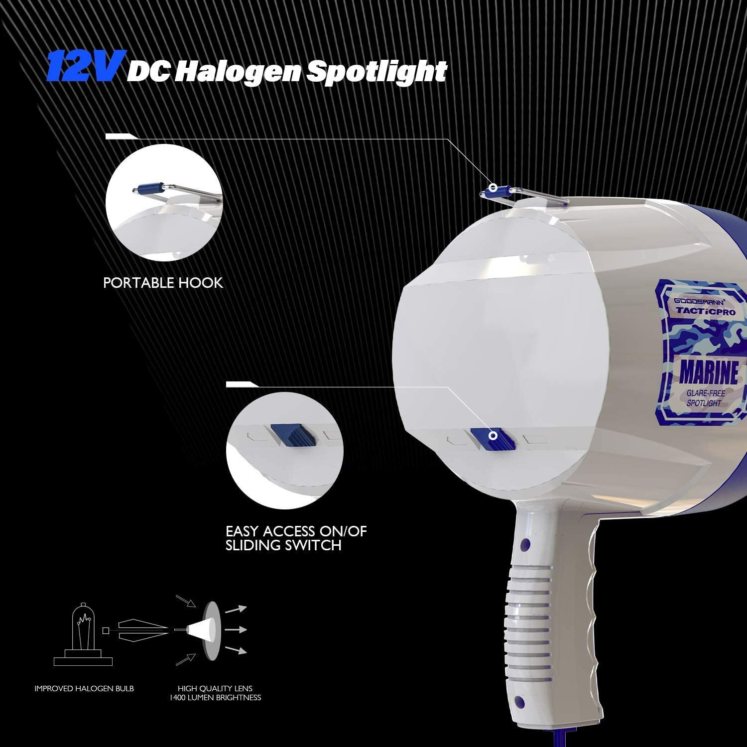 GOODSMANN Marine Spotlight Corded Handheld Corded Spot Lights for Boats 12 Volt