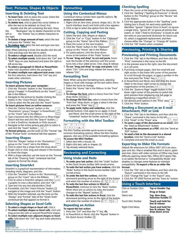 Microsoft Office 2013 Training Guide Quick Reference Card 2 Page Cheat Sheet
